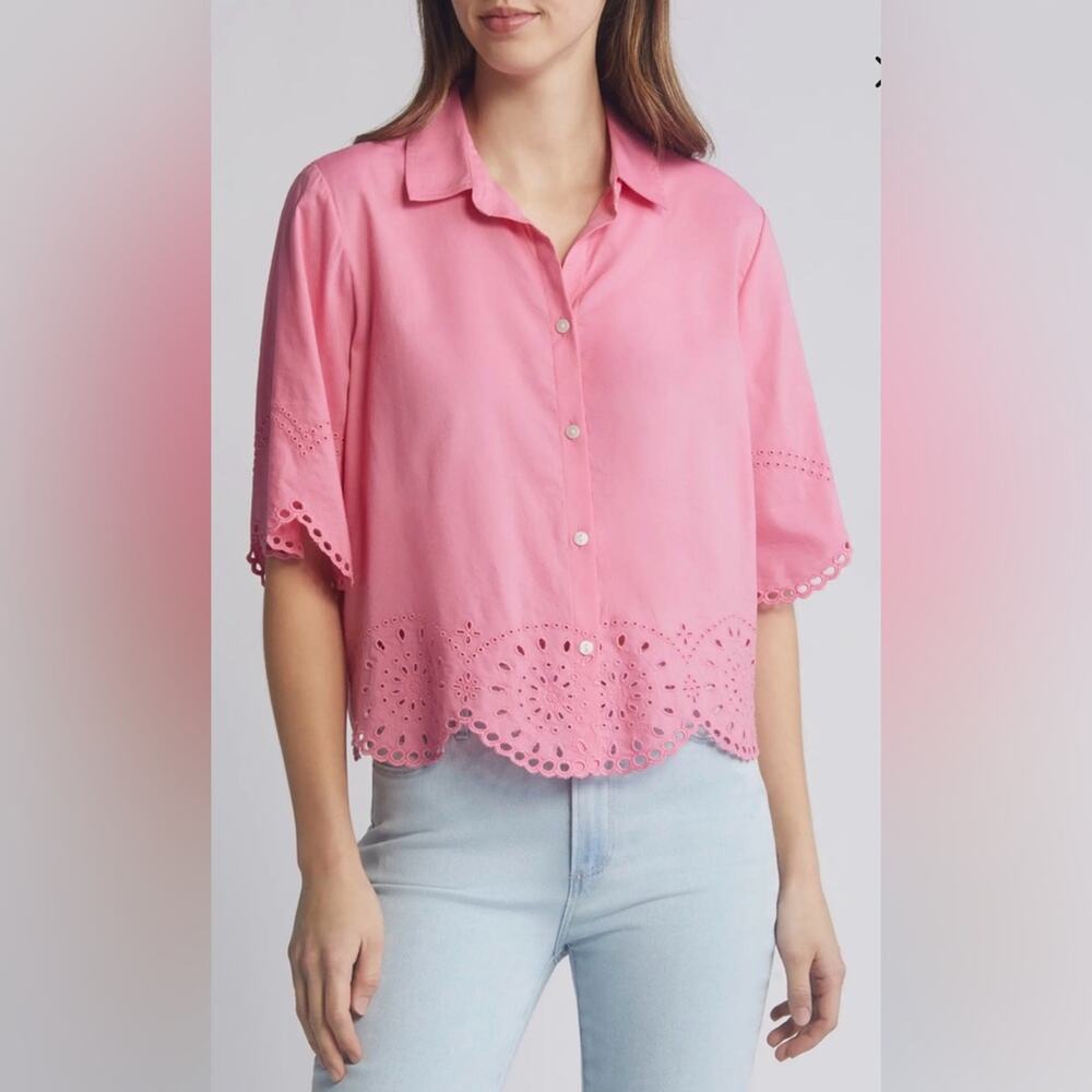 NWT Beachlunchlounge Collection Pink Eyelet Border Button-Up Shirt Size Small